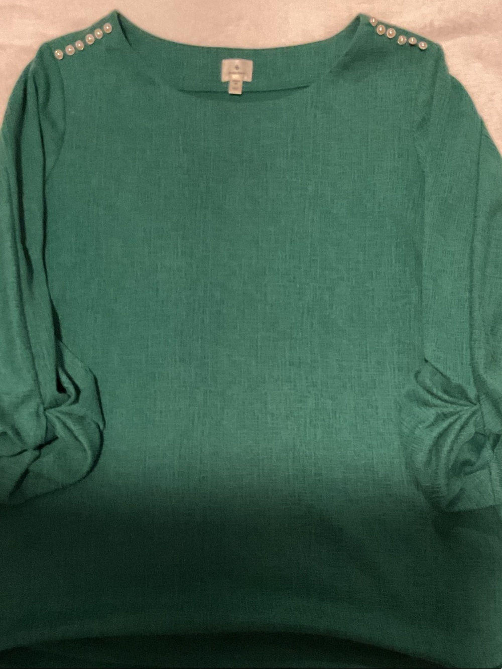 dressbarn Teal Boatneck Top with Pearl Shoulder Studs